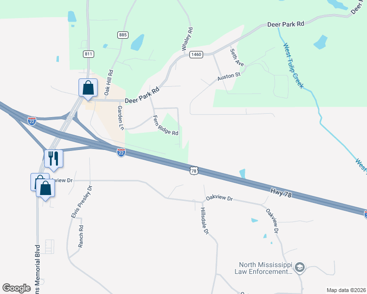 map of restaurants, bars, coffee shops, grocery stores, and more near 100-150 Oak Shadows Drive in Tupelo
