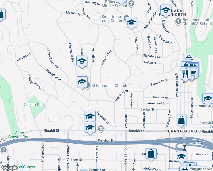 map of restaurants, bars, coffee shops, grocery stores, and more near 17407 Sunset Ridge Circle in Los Angeles