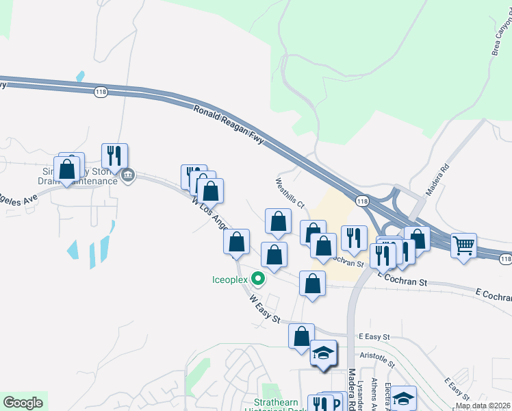 map of restaurants, bars, coffee shops, grocery stores, and more near 101 Cochran Street in Simi Valley