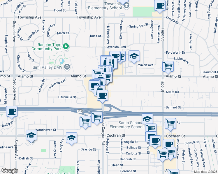 map of restaurants, bars, coffee shops, grocery stores, and more near 2780 Tapo Canyon Road in Simi Valley