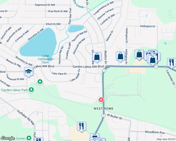 map of restaurants, bars, coffee shops, grocery stores, and more near 110 Hillside Avenue Northwest in Rome