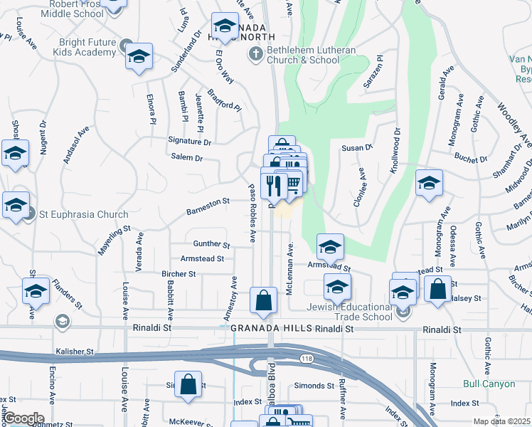 map of restaurants, bars, coffee shops, grocery stores, and more near 11829 Balboa Boulevard in Los Angeles