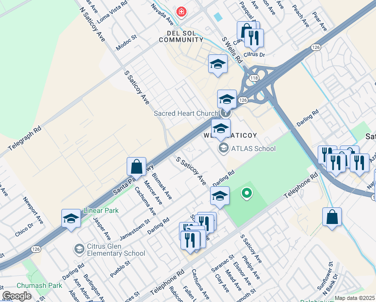 map of restaurants, bars, coffee shops, grocery stores, and more near 644 South Saticoy Avenue in Ventura