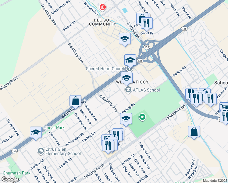 map of restaurants, bars, coffee shops, grocery stores, and more near 10557 Nopalito Street in Ventura