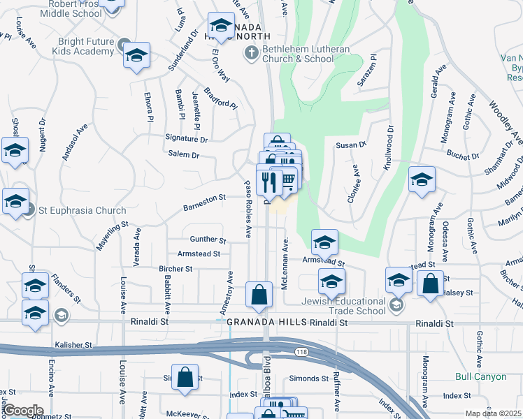 map of restaurants, bars, coffee shops, grocery stores, and more near 11829 Balboa Boulevard in Los Angeles