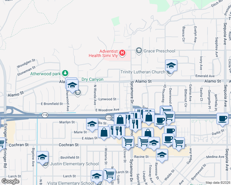 map of restaurants, bars, coffee shops, grocery stores, and more near 2768 Beth Place in Simi Valley