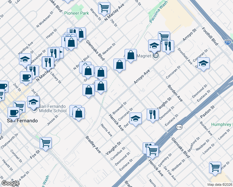 map of restaurants, bars, coffee shops, grocery stores, and more near 713 Arroyo Avenue in San Fernando