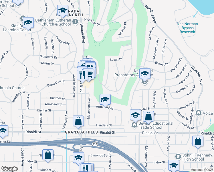 map of restaurants, bars, coffee shops, grocery stores, and more near 11800 Susan Drive in Los Angeles