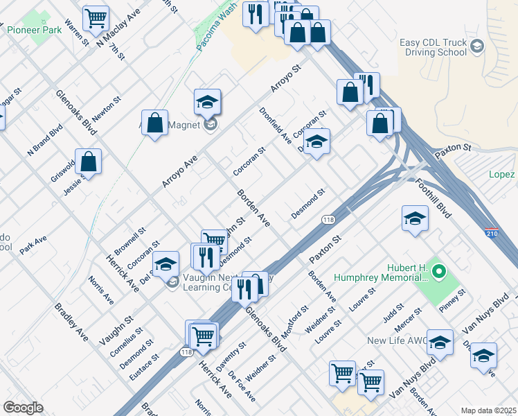 map of restaurants, bars, coffee shops, grocery stores, and more near 13084 Vaughn Street in San Fernando