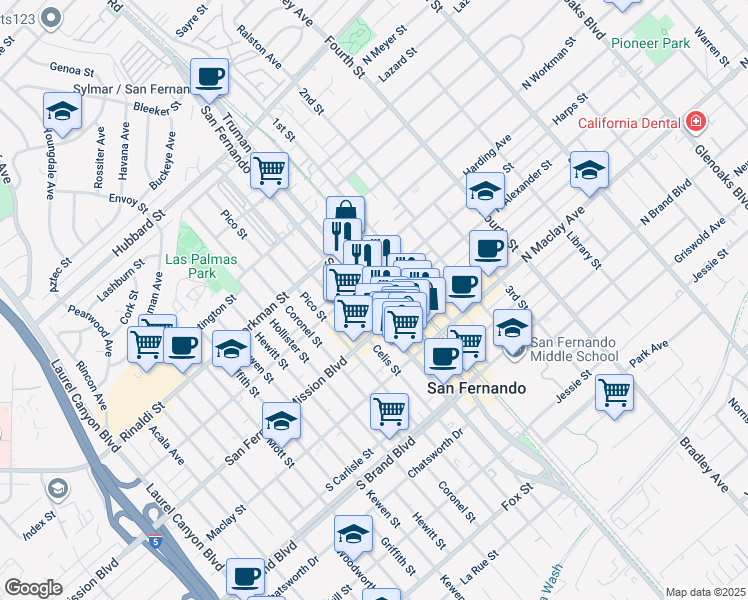 map of restaurants, bars, coffee shops, grocery stores, and more near 1225 Truman Street in San Fernando
