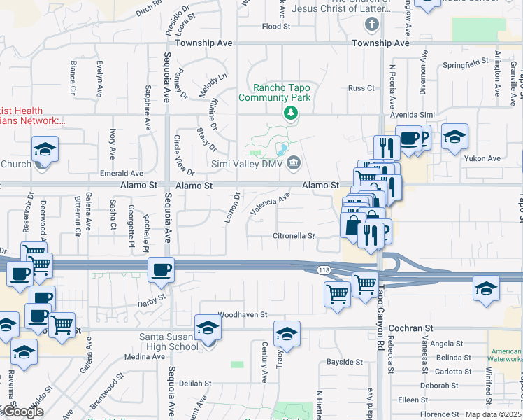 map of restaurants, bars, coffee shops, grocery stores, and more near 3666 Valencia Avenue in Simi Valley