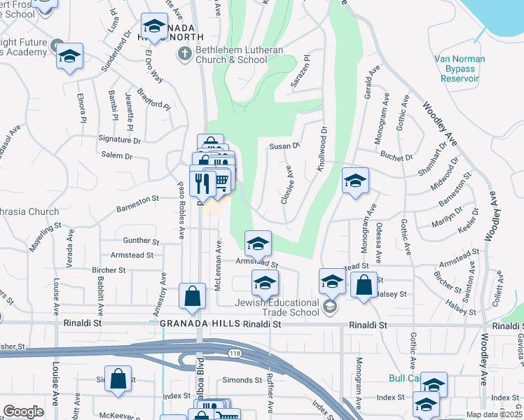 map of restaurants, bars, coffee shops, grocery stores, and more near 11800 Susan Drive in Los Angeles