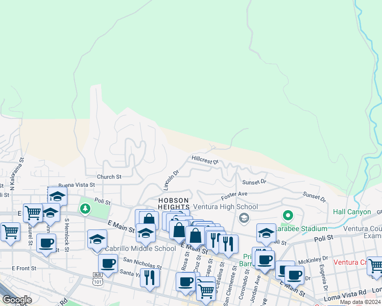 map of restaurants, bars, coffee shops, grocery stores, and more near 487 Lincoln Drive in Ventura