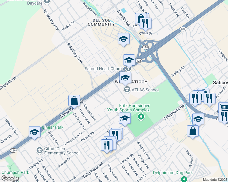 map of restaurants, bars, coffee shops, grocery stores, and more near 10557 Nopalito Street in Ventura