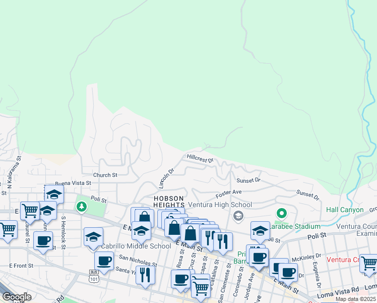 map of restaurants, bars, coffee shops, grocery stores, and more near 0 Lincoln Drive in Ventura