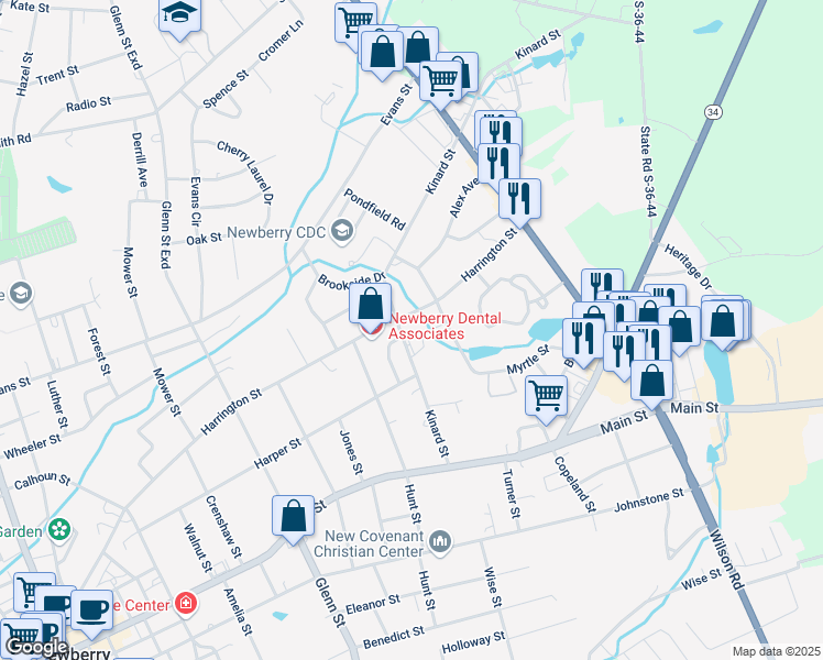 map of restaurants, bars, coffee shops, grocery stores, and more near 1330 Kinard Street in Newberry