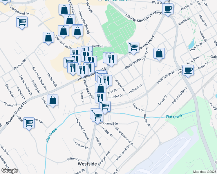 map of restaurants, bars, coffee shops, grocery stores, and more near 1320 Ralston Street in Gainesville