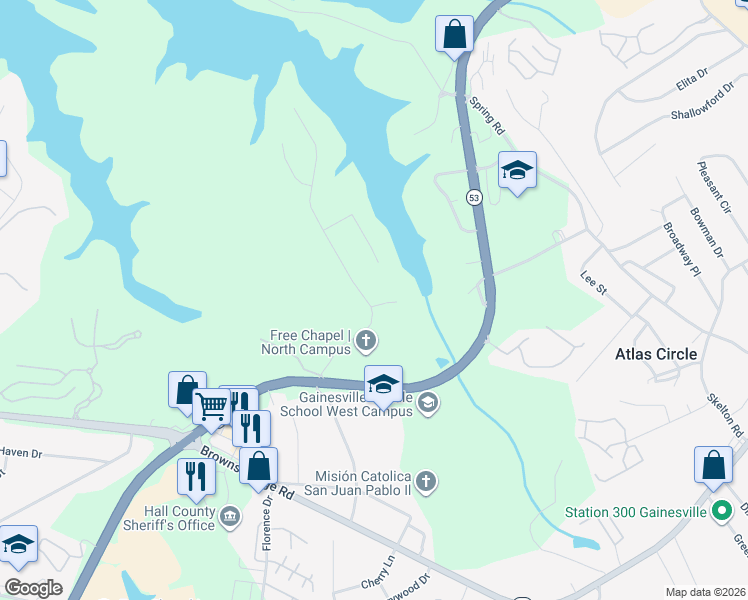 map of restaurants, bars, coffee shops, grocery stores, and more near 2630 Waters Edge Drive in Gainesville