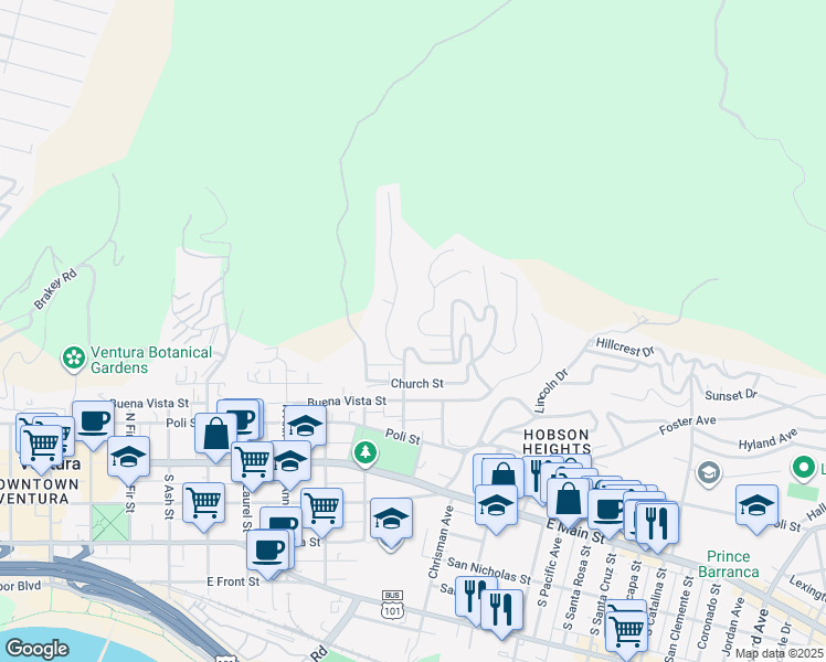 map of restaurants, bars, coffee shops, grocery stores, and more near 368 Mariposa Drive in Ventura