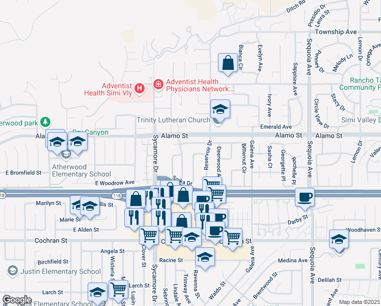 map of restaurants, bars, coffee shops, grocery stores, and more near 2745 Tumbleweed Avenue in Simi Valley
