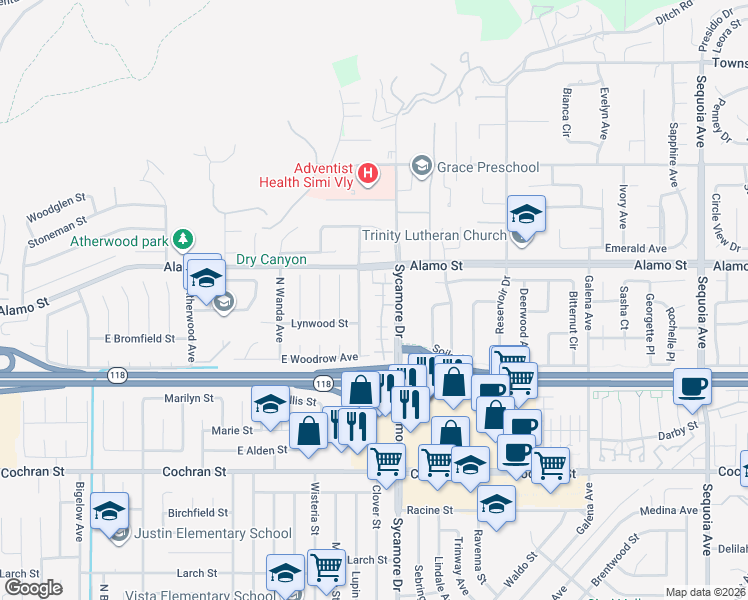 map of restaurants, bars, coffee shops, grocery stores, and more near 2727 Night Jasmine Drive in Simi Valley