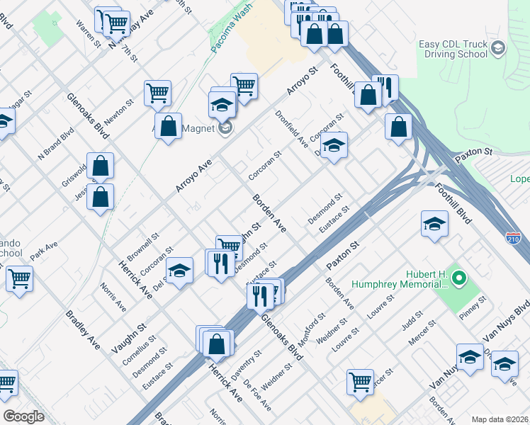 map of restaurants, bars, coffee shops, grocery stores, and more near 13103 Vaughn Street in San Fernando