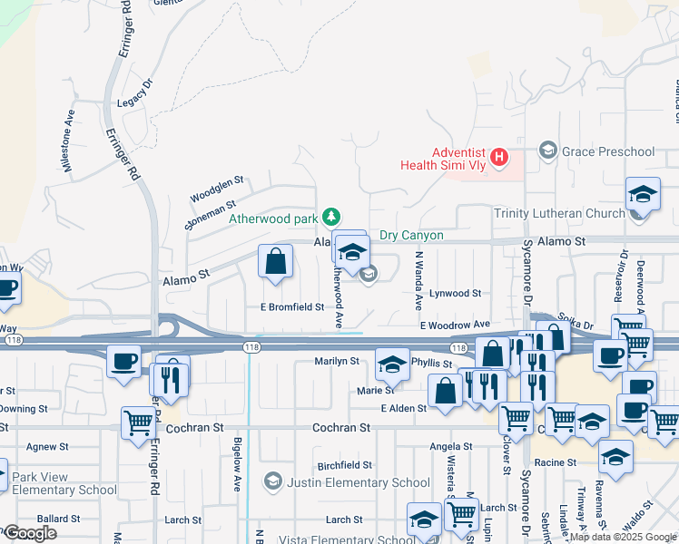 map of restaurants, bars, coffee shops, grocery stores, and more near 2322 Kentfield Street in Simi Valley