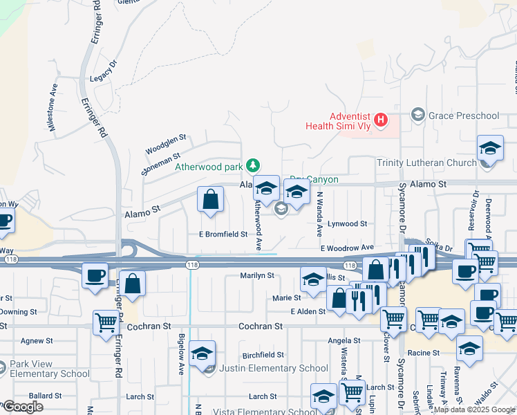 map of restaurants, bars, coffee shops, grocery stores, and more near 2322 Kentfield Street in Simi Valley