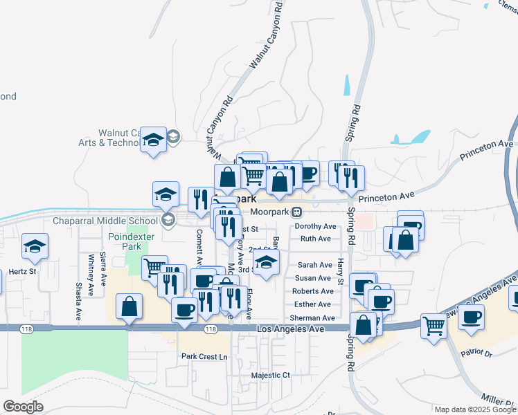 map of restaurants, bars, coffee shops, grocery stores, and more near 95 East High Street in Moorpark