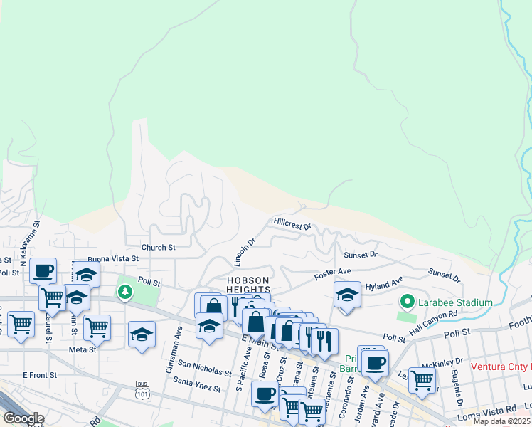 map of restaurants, bars, coffee shops, grocery stores, and more near 487 Lincoln Drive in Ventura