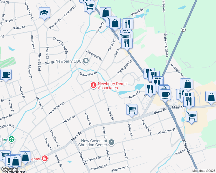 map of restaurants, bars, coffee shops, grocery stores, and more near 1330 Kinard Street in Newberry