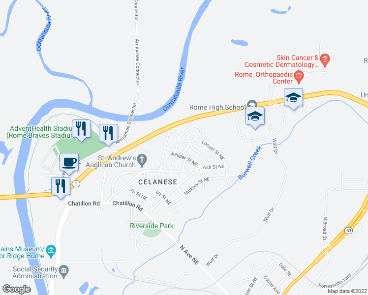 map of restaurants, bars, coffee shops, grocery stores, and more near 4 Norwood Street Northeast in Rome