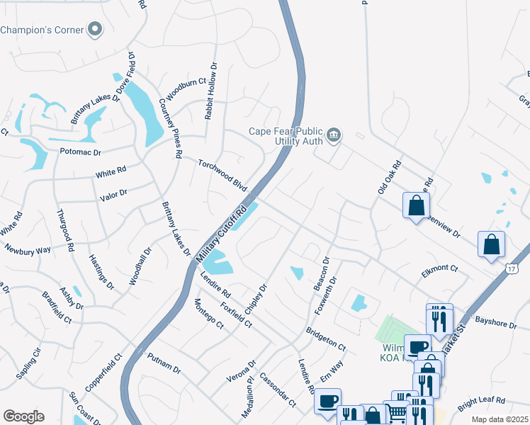 map of restaurants, bars, coffee shops, grocery stores, and more near Steele Loop in Wilmington