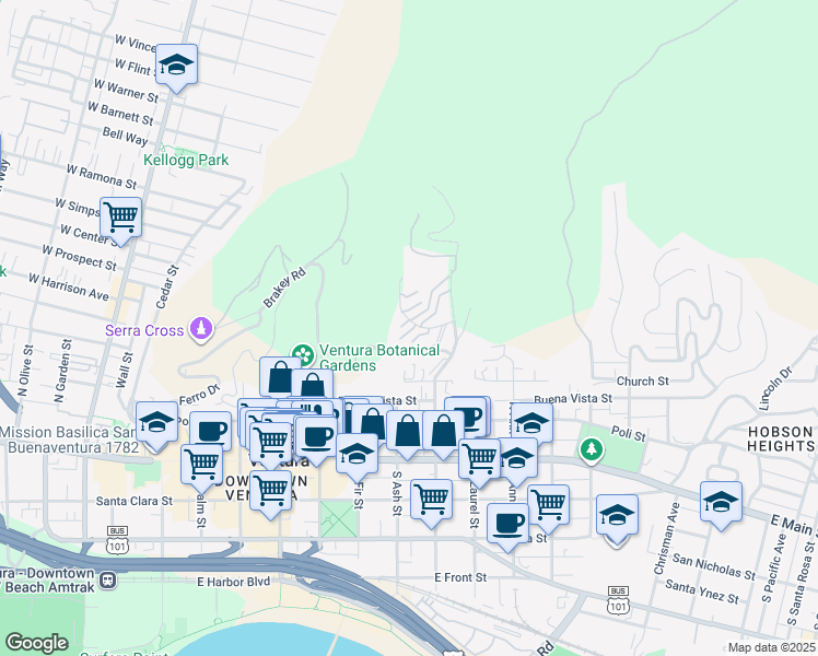 map of restaurants, bars, coffee shops, grocery stores, and more near 834 Overlook Drive in Ventura