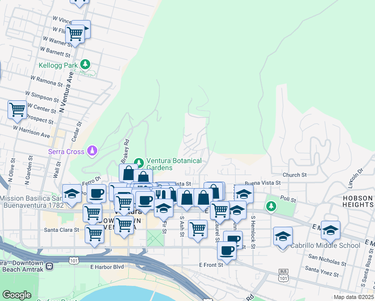 map of restaurants, bars, coffee shops, grocery stores, and more near 834 Overlook Drive in Ventura