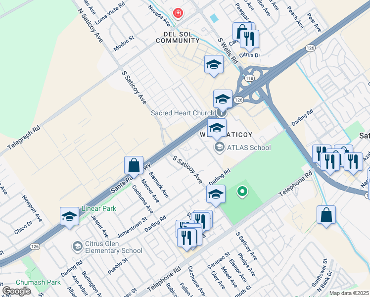 map of restaurants, bars, coffee shops, grocery stores, and more near 644 South Saticoy Avenue in Ventura