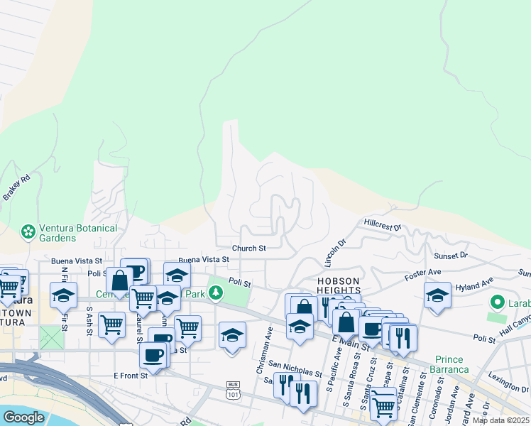 map of restaurants, bars, coffee shops, grocery stores, and more near 368 Mariposa Drive in Ventura