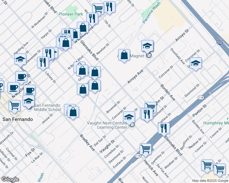 map of restaurants, bars, coffee shops, grocery stores, and more near 707 Arroyo Avenue in San Fernando