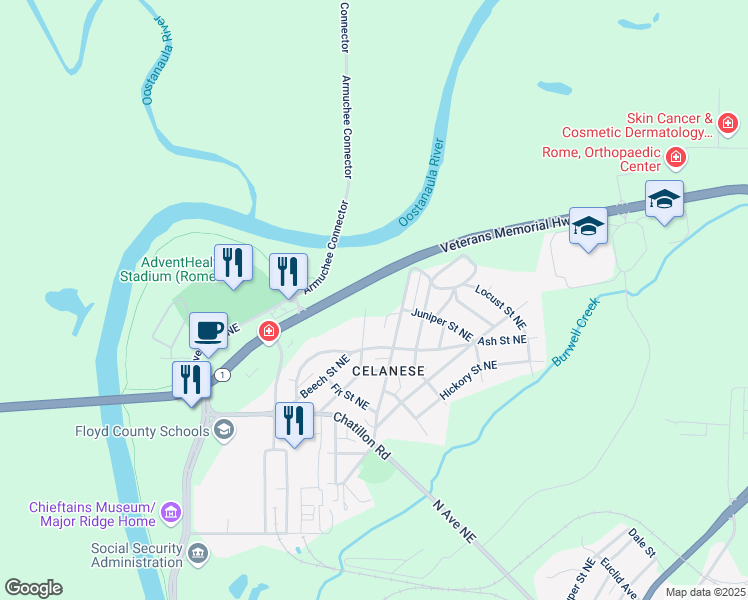 map of restaurants, bars, coffee shops, grocery stores, and more near 111 Cypress Street Northeast in Rome