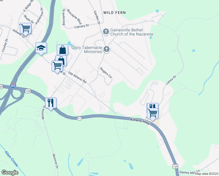 map of restaurants, bars, coffee shops, grocery stores, and more near 1648 Rogers Circle in Gainesville