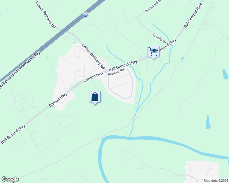 map of restaurants, bars, coffee shops, grocery stores, and more near 404 Reinhardt Lane in Ball Ground