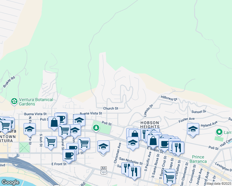 map of restaurants, bars, coffee shops, grocery stores, and more near 320 Mariposa Drive in Ventura