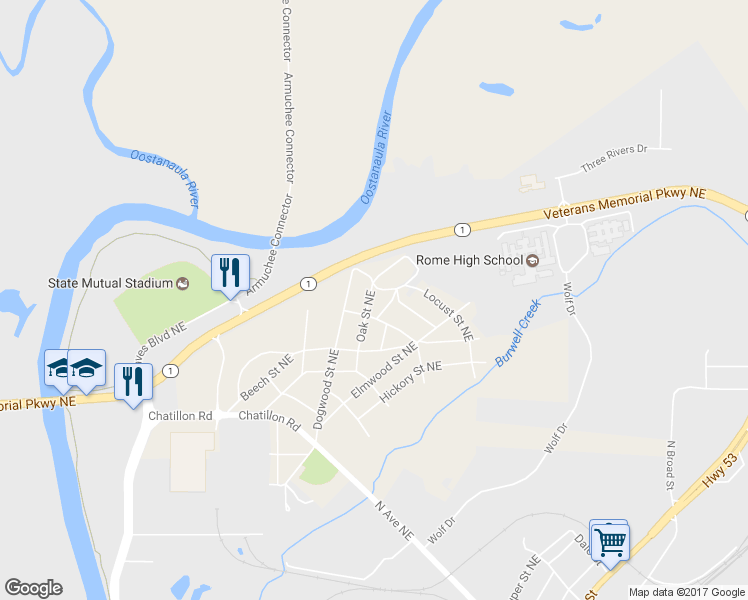 map of restaurants, bars, coffee shops, grocery stores, and more near 25 Oak Street Northeast in Rome