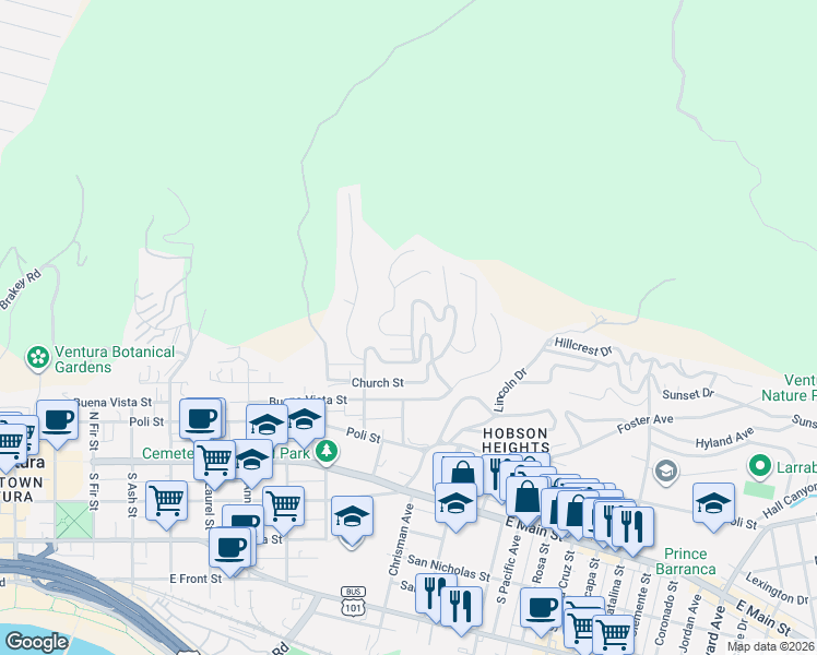 map of restaurants, bars, coffee shops, grocery stores, and more near 307 Artemisia Avenue in Ventura