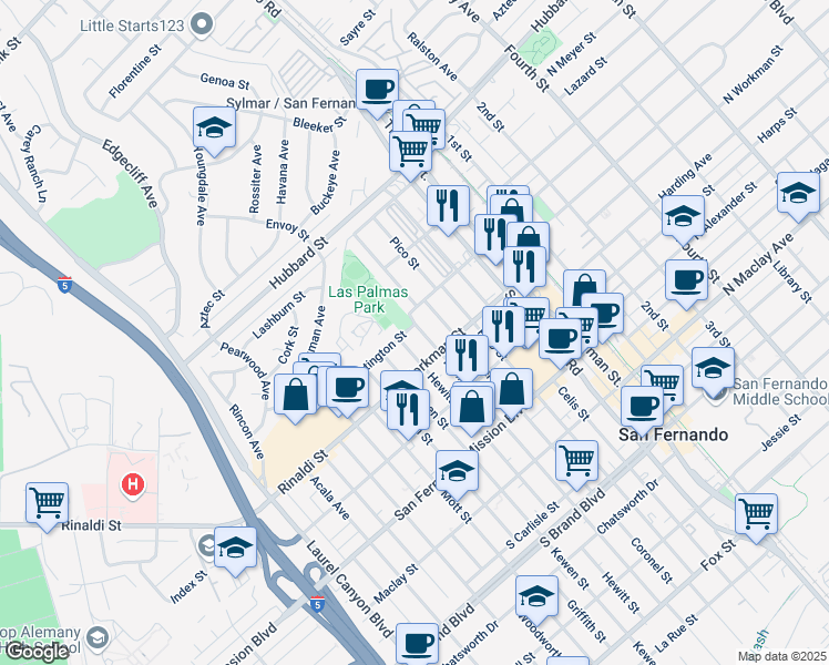 map of restaurants, bars, coffee shops, grocery stores, and more near 1441 Hollister Street in San Fernando