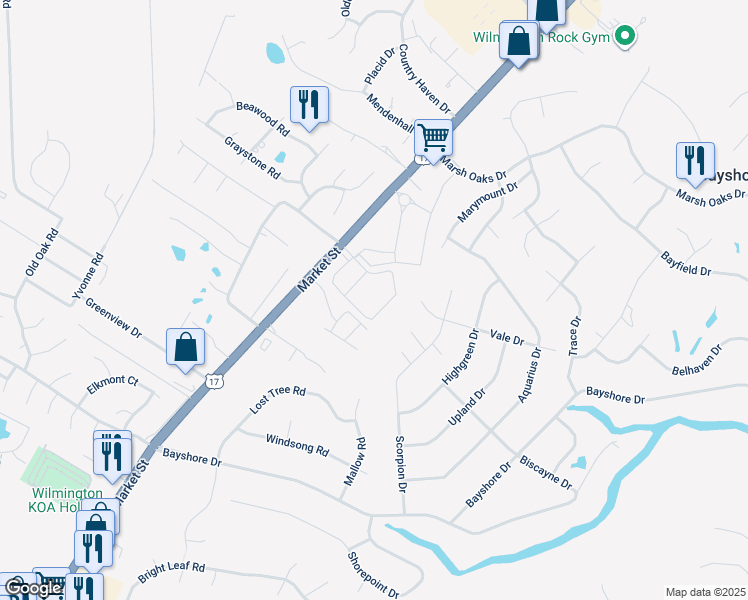 map of restaurants, bars, coffee shops, grocery stores, and more near 7764 Market Street in Wilmington