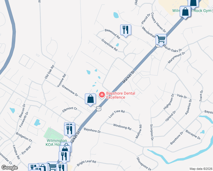 map of restaurants, bars, coffee shops, grocery stores, and more near 7711 Alexander Road in Wilmington