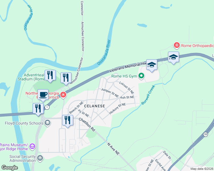map of restaurants, bars, coffee shops, grocery stores, and more near 25 Oak Street Northeast in Rome