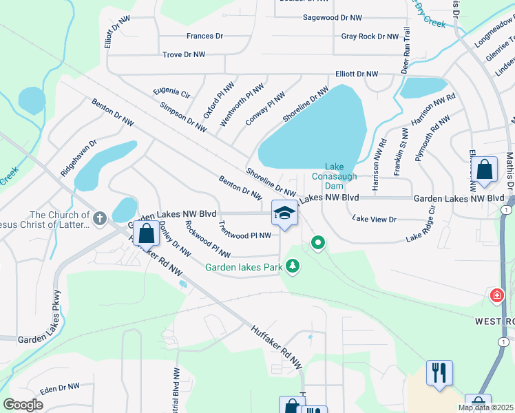 map of restaurants, bars, coffee shops, grocery stores, and more near 3008 Garden Lakes Northwest Boulevard in Rome