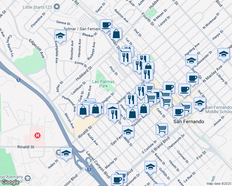 map of restaurants, bars, coffee shops, grocery stores, and more near 1441 Hollister Street in San Fernando